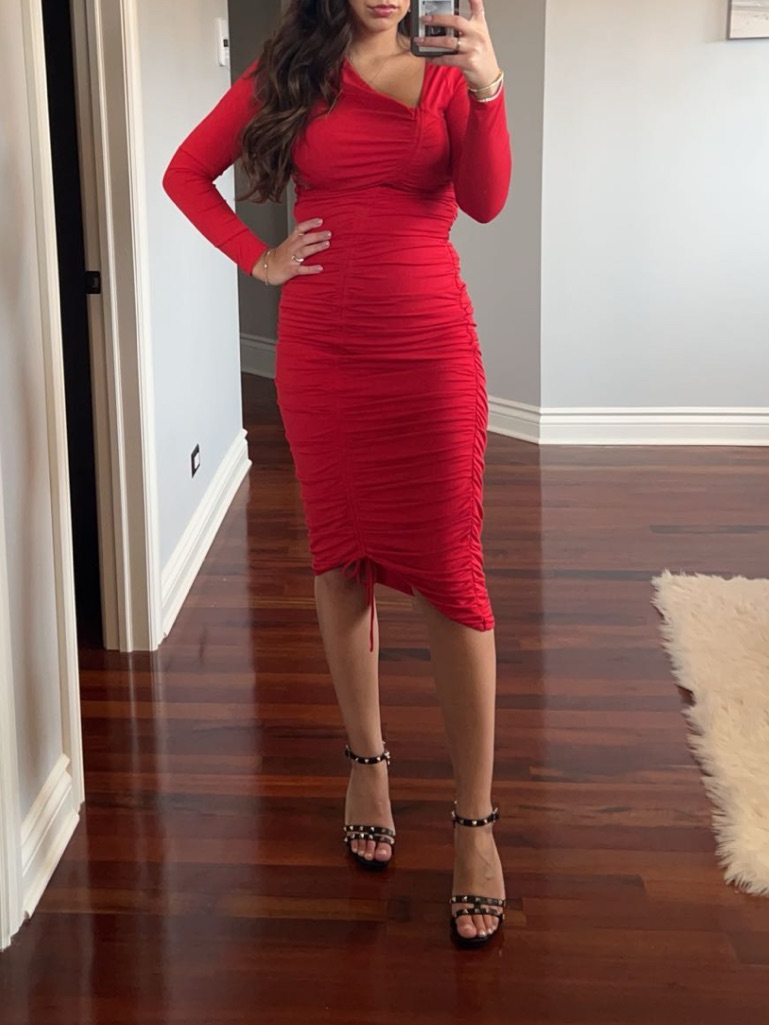 Socialite Red Ruched Long-Sleeve Maxi Dress